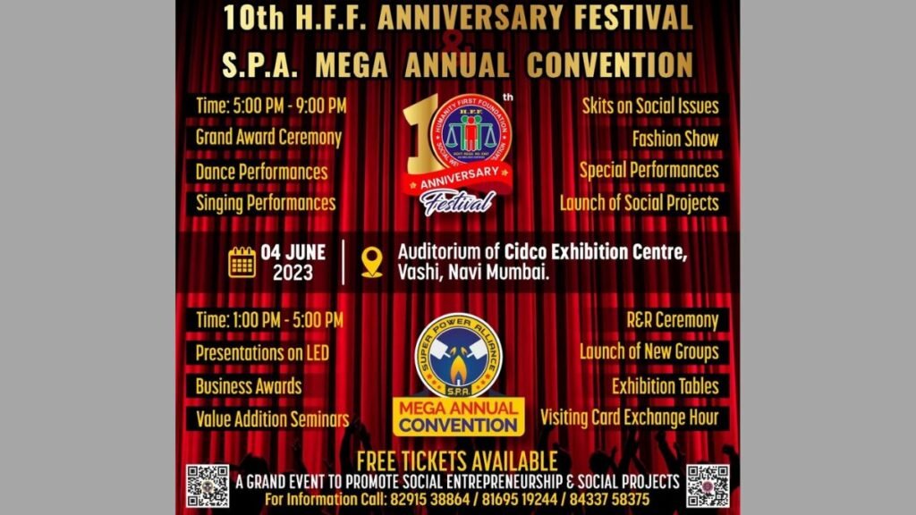 10th Anniversary Festival of NGO H.F.F. and S.P.A. 1st Mega Annual Convention to be held on 04th June 2023 at Vashi, Navi Mumbai